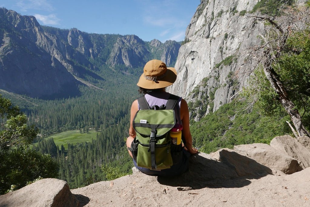 Slacker Backpack in Olive Cordura looking into Yosemite Valley.