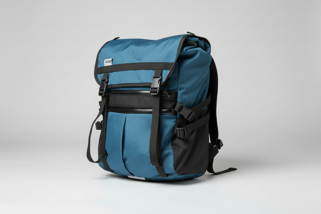 Blue backpack with black accents on a light gray background