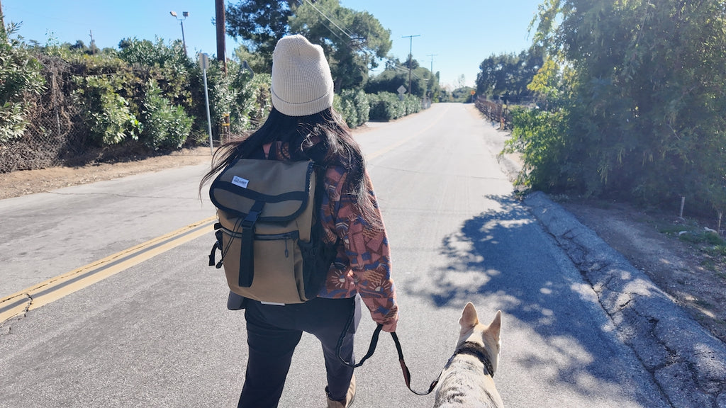 Slacker Backpack walking the rural streets